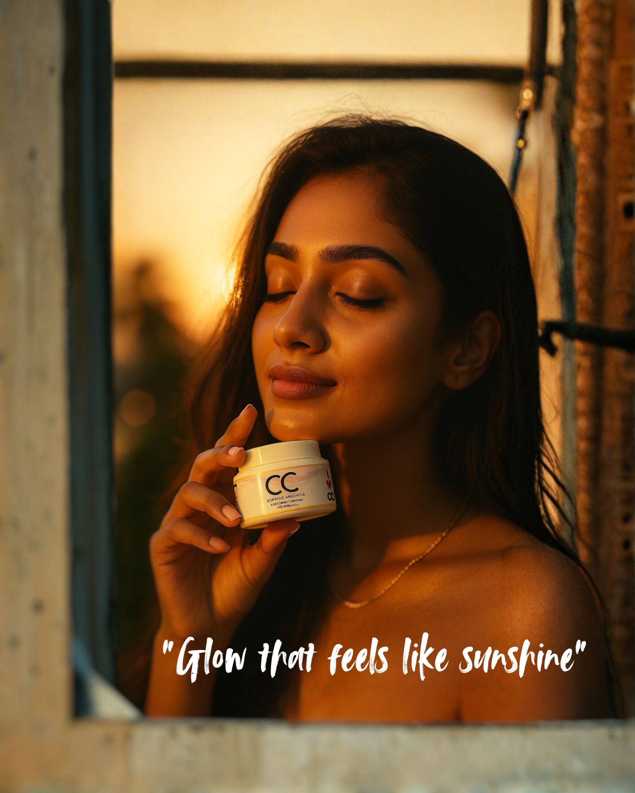 Woman in warm evening light holding a jar of CC Whitening Cream