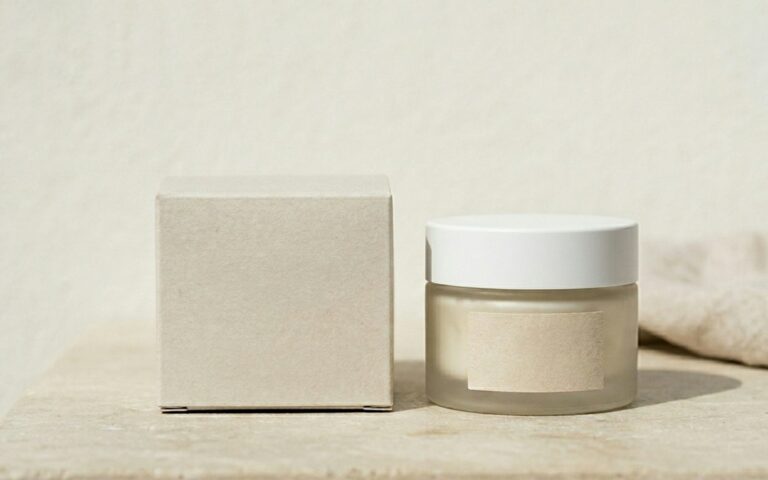 A frosted glass cosmetic jar and carton with blank skincare labels