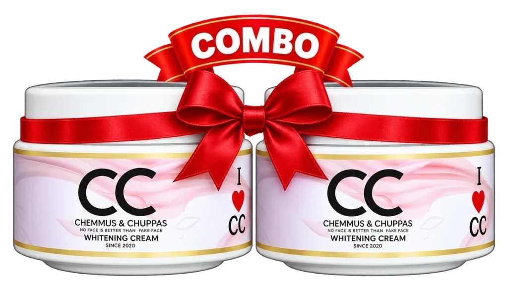 Two jars of CC Whitening Cream tied with a red COMBO ribbon